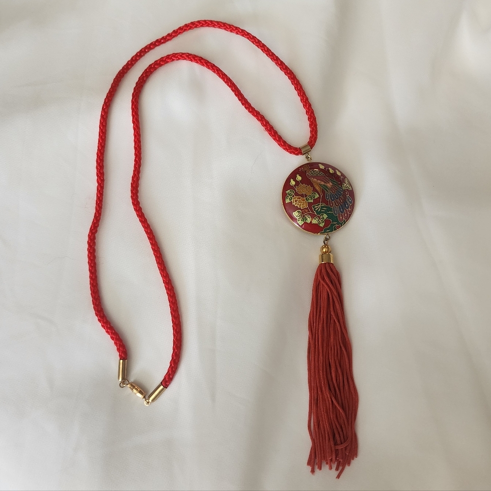 Vintage Cloisonné Enamel Peacock Phoenix Pendant Necklace Puffy 2-sided